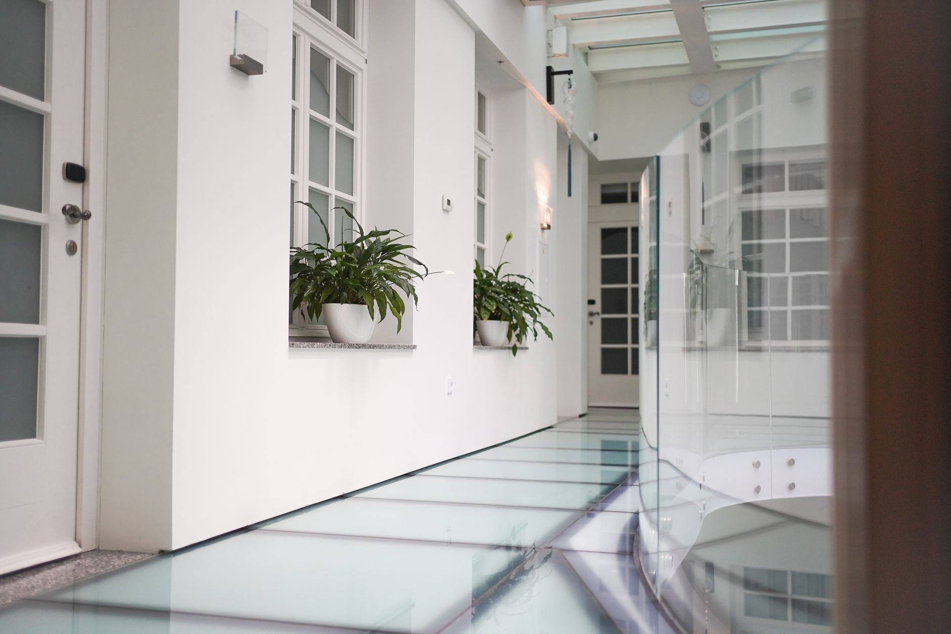 Sleek interior hallway with glass floor and plants, featuring clean and minimalist design in Allen, TX